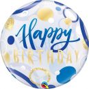 Bubble Ballon Happy Birthday mit blauen und goldenen Punkten